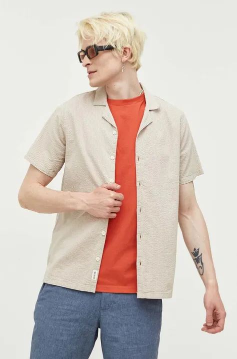 Βαμβακερό πουκάμισο Hollister Co. ανδρικό, χρώμα: μπεζ