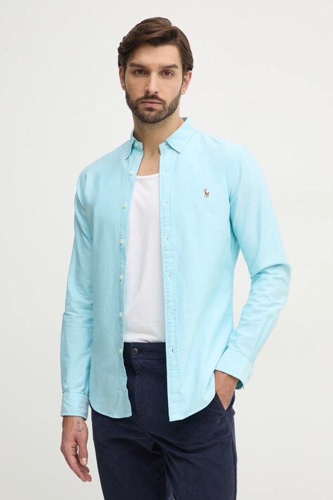 Polo Ralph Lauren camasa din bumbac barbati, culoarea albastru marin, cu guler button-down, slim fit