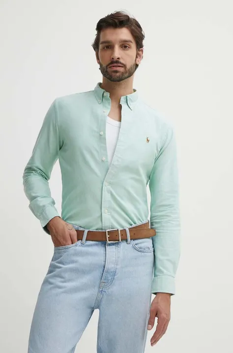Polo Ralph Lauren camasa din bumbac barbati, culoarea verde, cu guler button-down, regular