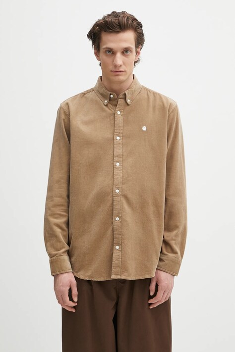 Вельветова сорочка Carhartt WIP L/S Madison Fine Cord Shirt колір зелений regular комір button-down I030580.1OYXX