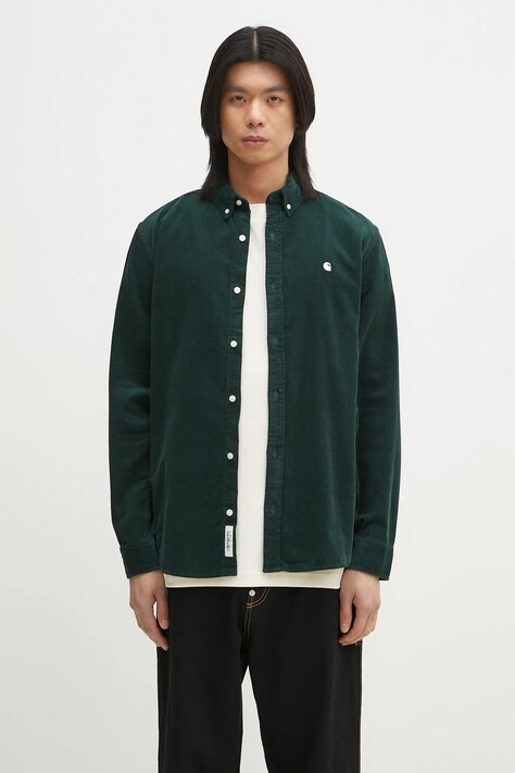 Bavlněná košile Carhartt WIP L/S Madison Fine Cord Shirt zelená barva, regular, s klasickým límcem, I030580.2VOXX