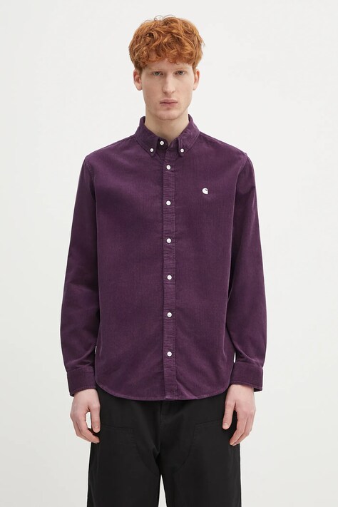 Вельветовая рубашка Carhartt WIP L/S Madison Fine Cord Shirt цвет фиолетовый regular классический воротник I030580.2W0XX