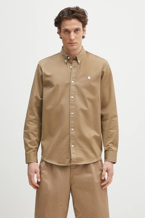 Bavlněná košile Carhartt WIP L/S Madison Shirt pánská, zelená barva, regular, s klasickým límcem, I023339.1Q5XX