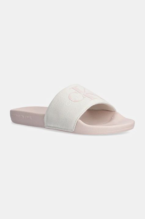 Šľapky Calvin Klein Jeans SLIDE MONOGRAM CO dámske, béžová farba, YW0YW00103