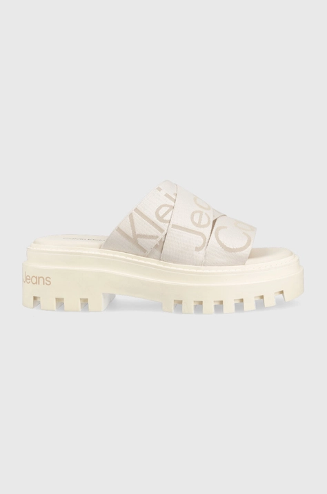 Calvin Klein Jeans papucs TOOTHY COMBAT SANDAL WEBBING bézs, női, platformos, YW0YW00949