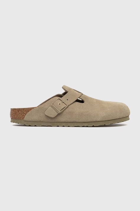 Birkenstock klapki zamszowe Boston damskie kolor zielony 1025844