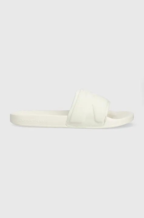 Calvin Klein Jeans papuci SLIDE HIGH/LOW FREQUENCY barbati, culoarea alb, YM0YM00661