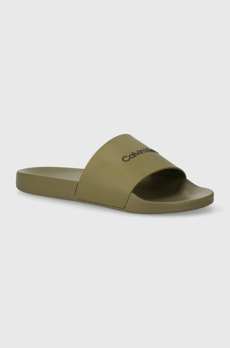 Pantofle Calvin Klein POOL SLIDE RUBBER pánské, zelená barva, HM0HM00455