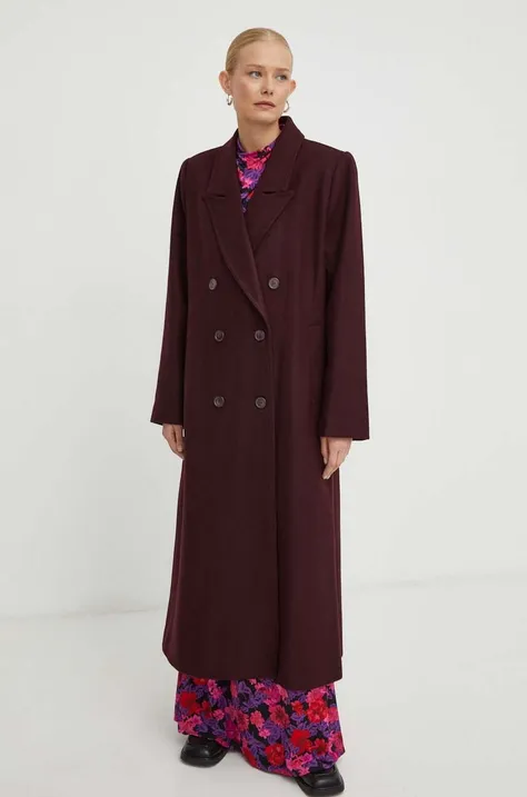Vlnený kabát Gestuz bordová farba, prechodný, dvojradový