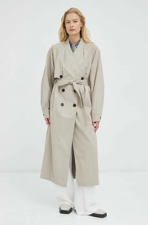 Kabát Gestuz dámsky, béžová farba, prechodný, dvojradový