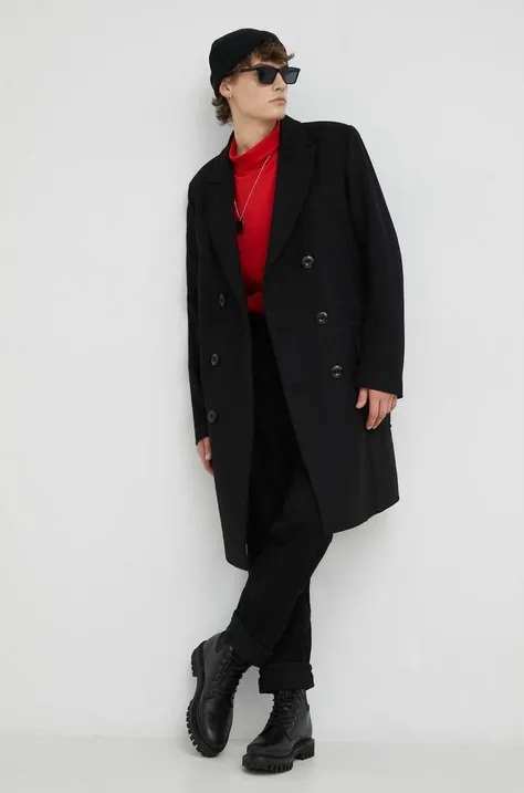 G-Star Raw płaszcz wełniany kolor czarny przejściowy dwurzędowy
