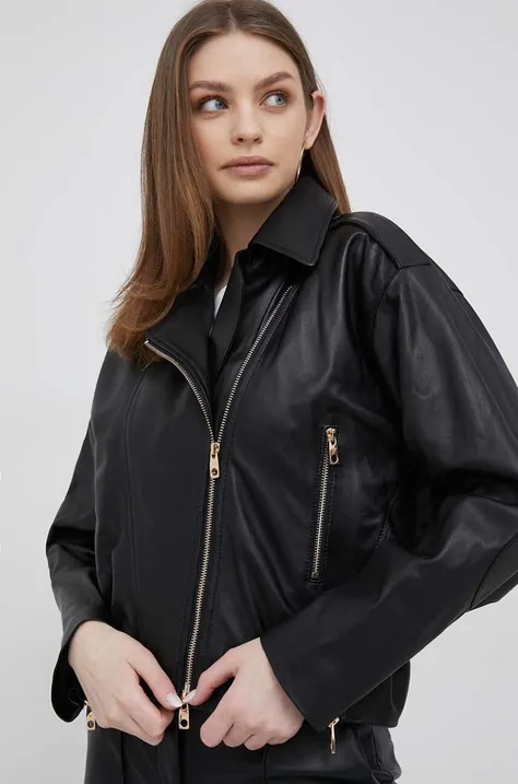 Kožená bunda Emporio Armani dámska, čierna farba, prechodná