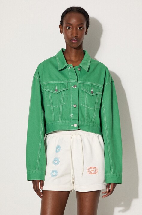 KSUBI geacă din denim Cropped femei, culoarea verde, de tranziție, oversized WPS23JK004-green