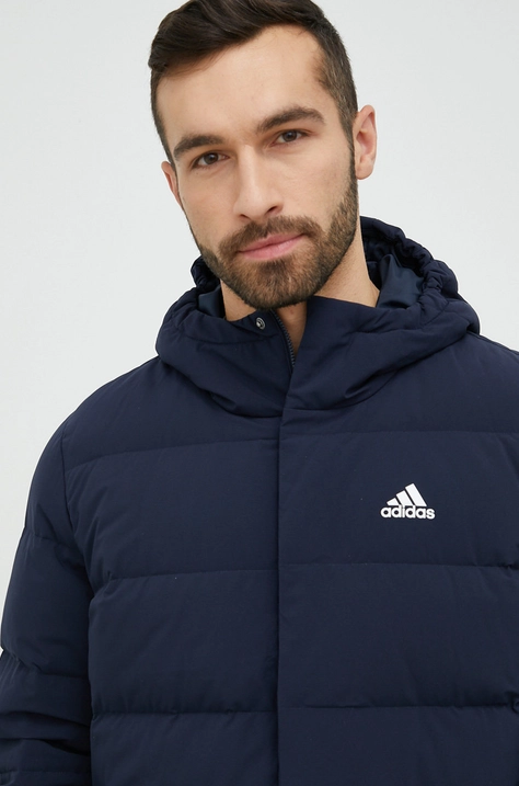 Péřová bunda adidas pánská, tmavomodrá barva, zimní, HG8750