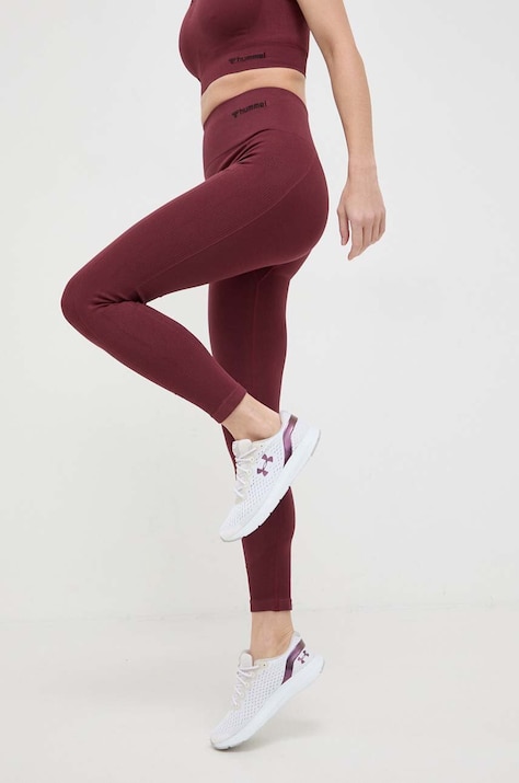 Tréninkové legíny Hummel hmlTIF SEAMLESS HIGH WAIST TIGHTS vínová barva, hladké, 210492