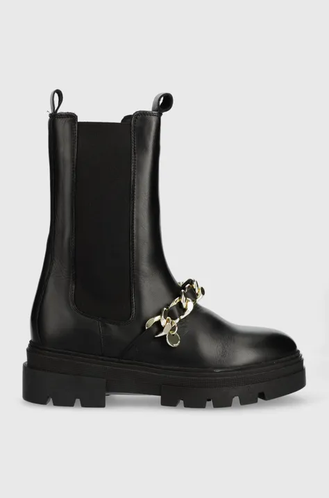 Kožené topánky chelsea Tommy Hilfiger FW0FW07046 MONOCHROMATIC CHELSEA BOOT CHAIN dámske, čierna farba, na plochom podpätku