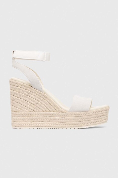 Calvin Klein Jeans sandale din piele intoarsa WEDGE SANDAL SU CON femei, culoarea bej, cu platforma, YW0YW01026