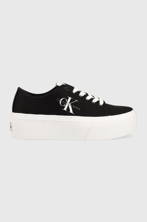 Calvin Klein Jeans tenisi FLATFORM+ CUPSOLE LOW TXT femei, culoarea negru, YW0YW01033
