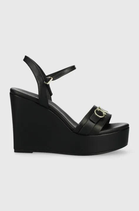 Kožené sandále Calvin Klein WEDGE 70HH W/HW dámske, čierna farba, na kline, HW0HW01485