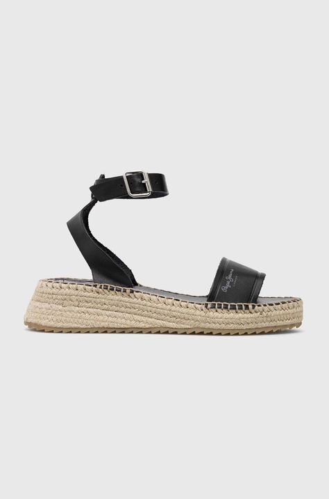 Pepe Jeans sandale de piele KATE femei, culoarea negru, cu platforma, PLS90591