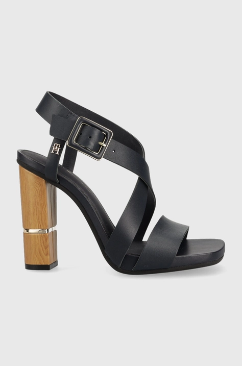 Usnjeni sandali Tommy Hilfiger HARDWARE BLOCK HIGH HEEL mornarsko modra barva, FW0FW07016