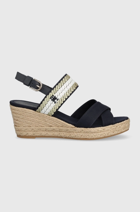 Sandále Tommy Hilfiger GOLDEN WEBBING MID WEDGE dámske, tmavomodrá farba, na kline, FW0FW07090