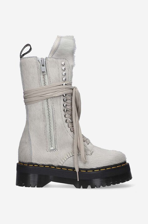 Rick Owens bocanci din piele întoarsă Fur Boots x Dr. Martens femei, culoarea gri, cu platforma DW02B3801.0049.PEARL-Grey