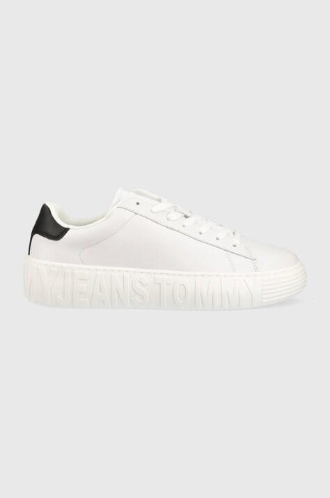 Usnjene superge Tommy Jeans LEATHER OUTSOLE bela barva, EM0EM01159