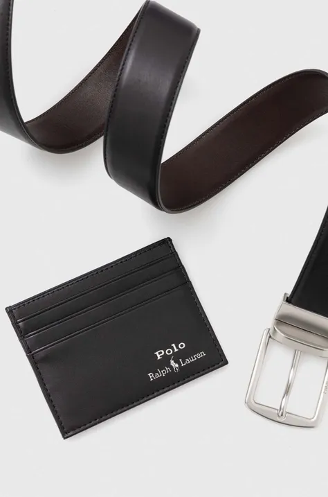 Ζώνη και δερμάτινη κάρτα Polo Ralph Lauren χρώμα: μαύρο