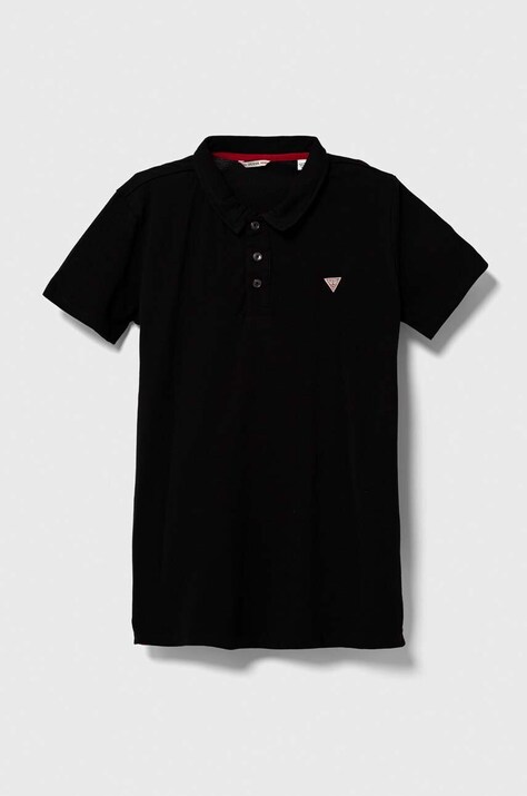 Guess tricouri polo din bumbac pentru copii culoarea negru, neted