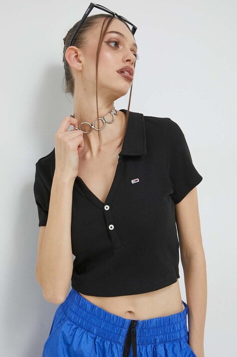 Тениска с яка Tommy Jeans в черно