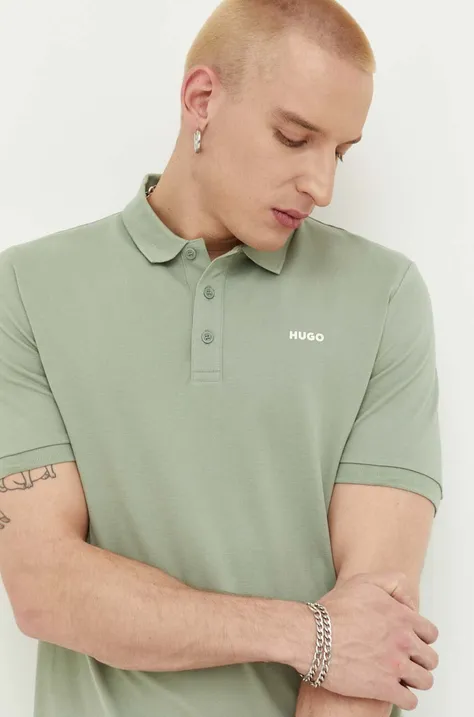 Pamučna polo majica HUGO boja: zelena, glatki model, 50466182