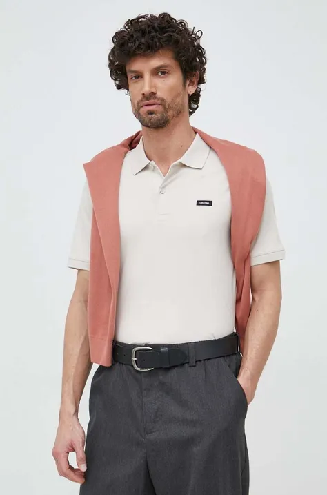 Polo tričko Calvin Klein pánske, béžová farba, jednofarebné, K10K111196