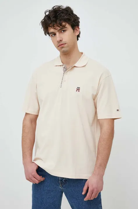 Βαμβακερό μπλουζάκι πόλο Tommy Hilfiger χρώμα: μπεζ