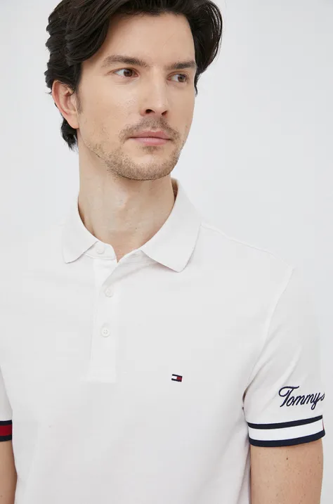 Bavlnené polo tričko Tommy Hilfiger biela farba, s nášivkou
