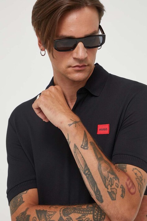 HUGO polo de bumbac culoarea negru, cu imprimeu 50490770