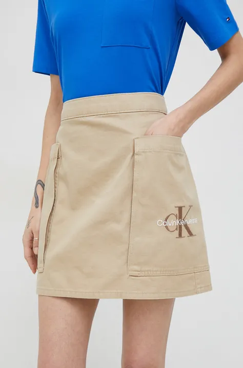 Хлопковая юбка Calvin Klein Jeans цвет бежевый mini прямая