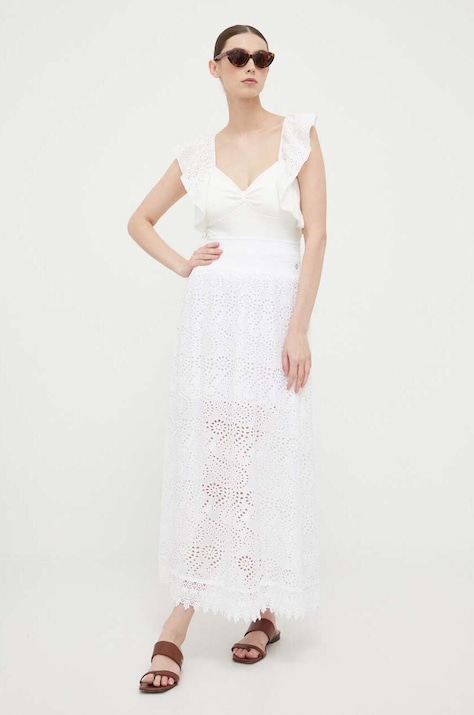 Хлопковая юбка Guess цвет белый maxi расклешённая