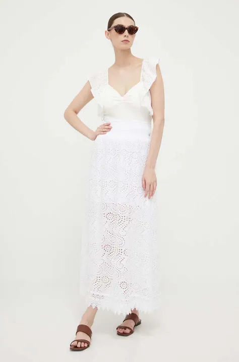 Pamučna suknja Guess boja: bijela, maxi, širi se prema dolje