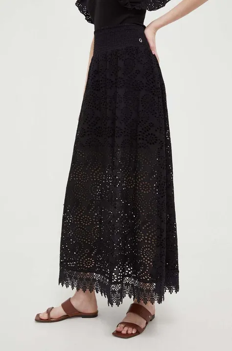 Pamučna suknja Guess boja: crna, maxi, širi se prema dolje