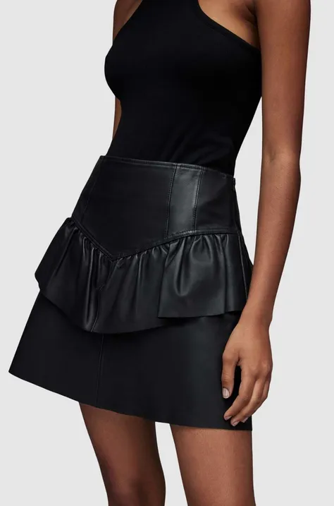 Kožená sukňa AllSaints čierna farba, mini, áčkový strih
