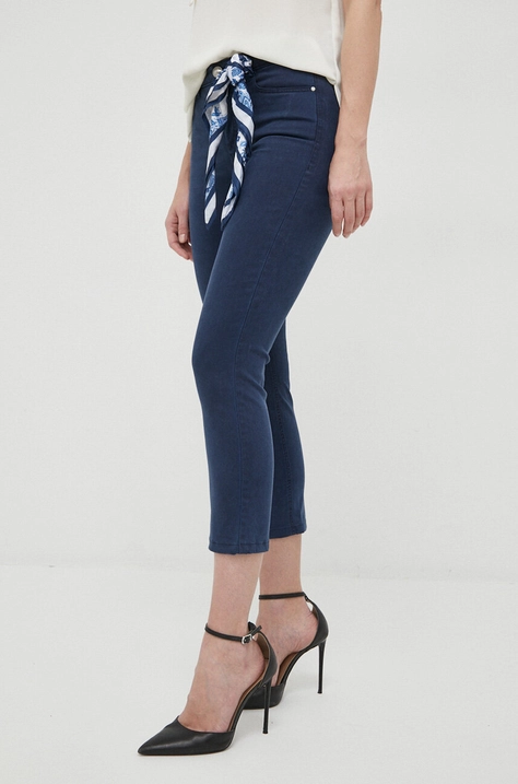 Guess pantaloni femei, culoarea albastru marin, mulata, high waist