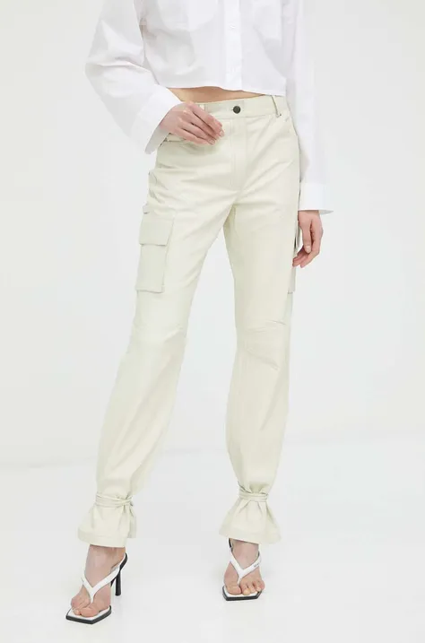 Kožne hlače Herskind Trisa za žene, boja: bež, ravni kroj, visoki struk