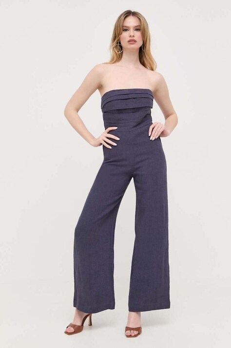 Bardot salopeta din in culoarea albastru marin, cold shoulder