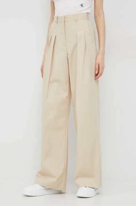 Calvin Klein spodnie bawełniane damskie kolor beżowy szerokie high waist