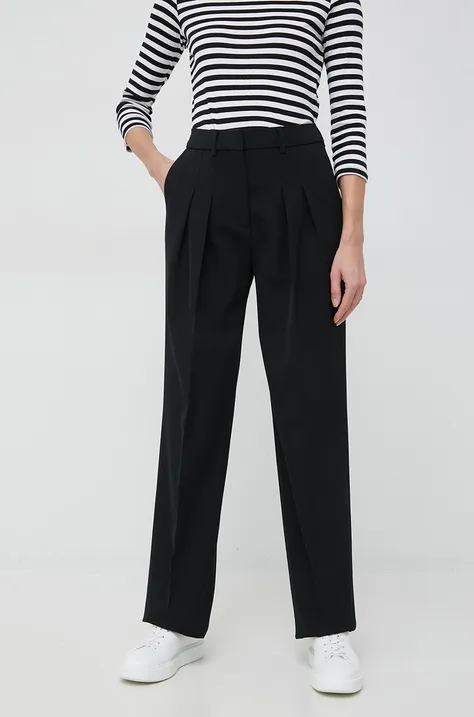 Nohavice Calvin Klein dámske, čierna farba, široké, vysoký pás
