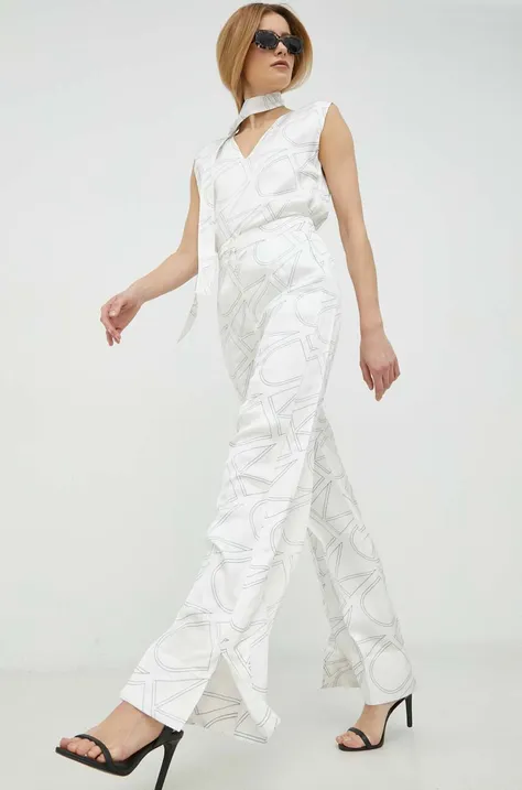 Hlače Calvin Klein za žene, boja: bijela, široke, visoki struk