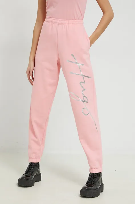 HUGO pantaloni de trening din bumbac femei, culoarea roz, cu imprimeu