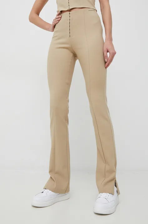 Calvin Klein Jeans pantaloni femei, culoarea bej, drept, high waist