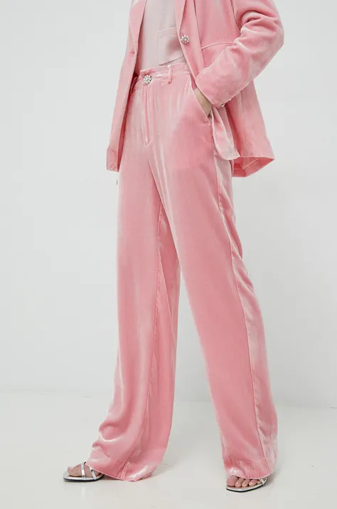 Svilene hlače Custommade Pamela za žene, boja: ružičasta, široke, visoki struk